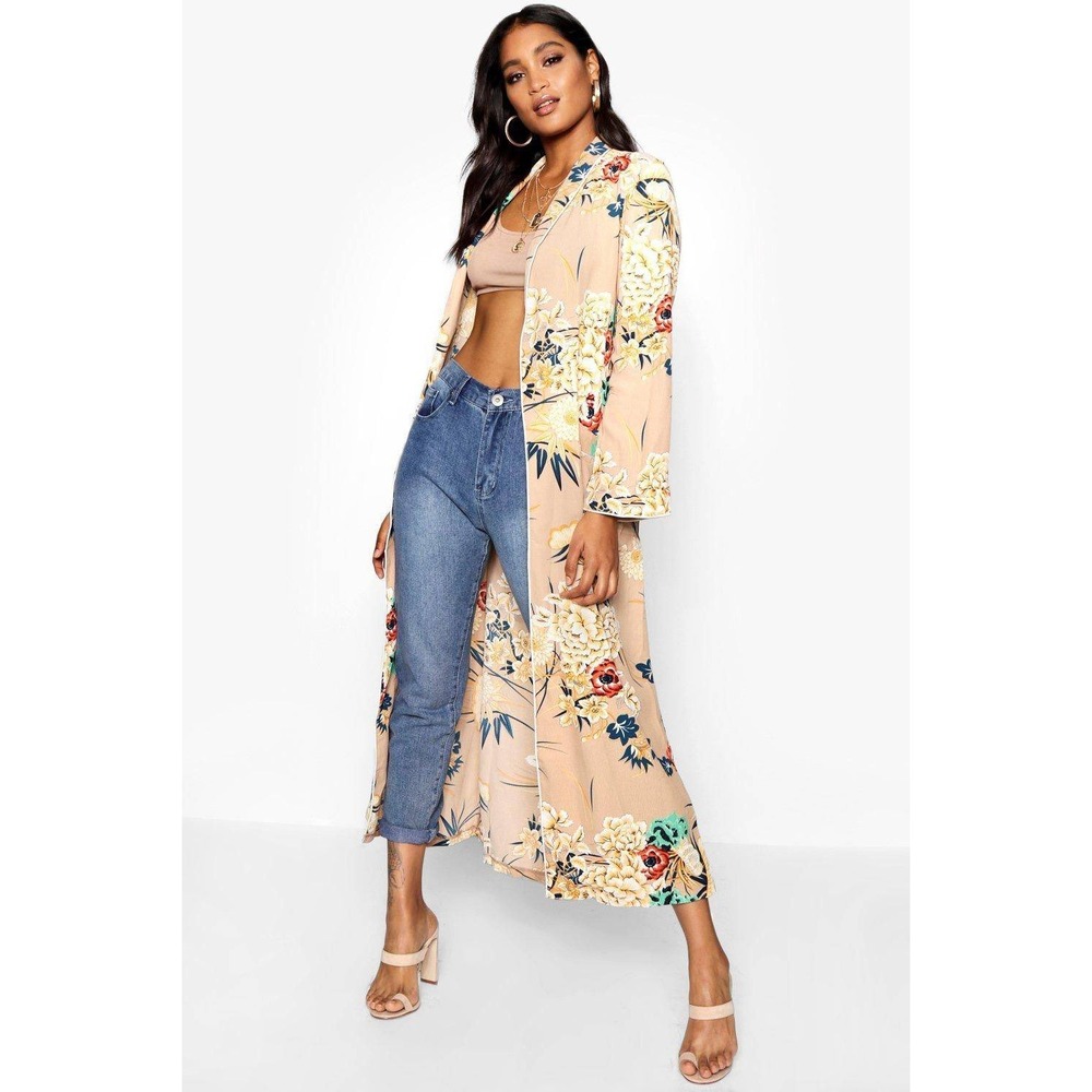 Boohoo Floral Duster Coat Tan Beige Longline Kimono Robe Belted Pockets S/M NWT